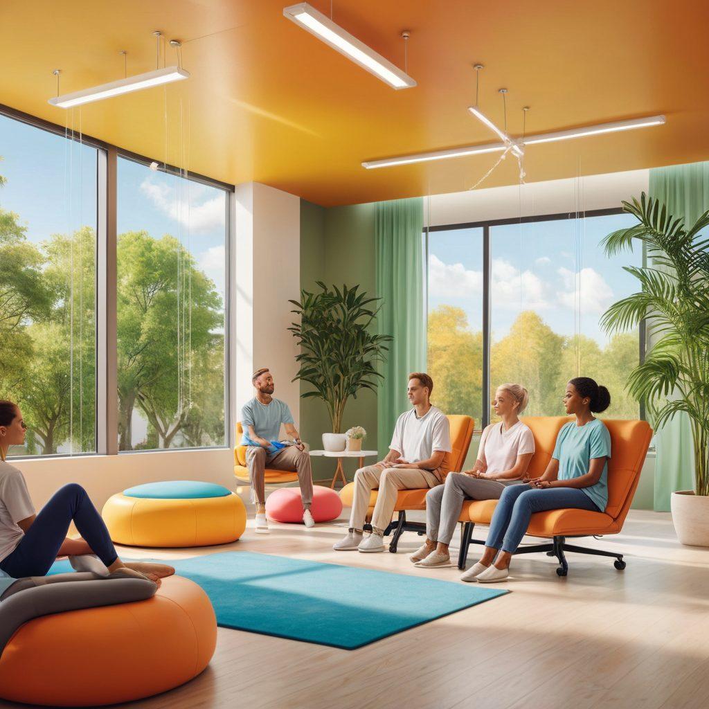 A diverse group of individuals engaged in various neurorehabilitation activities, such as physical therapy, cognitive exercises, and speech therapy, in a modern, well-equipped rehabilitation center. Highlight the personalized attention each patient receives, with therapists guiding them through specialized equipment and exercises. The surrounding environment should be vibrant and uplifting, signifying hope and progress. super-realistic. vibrant colors. modern setting.