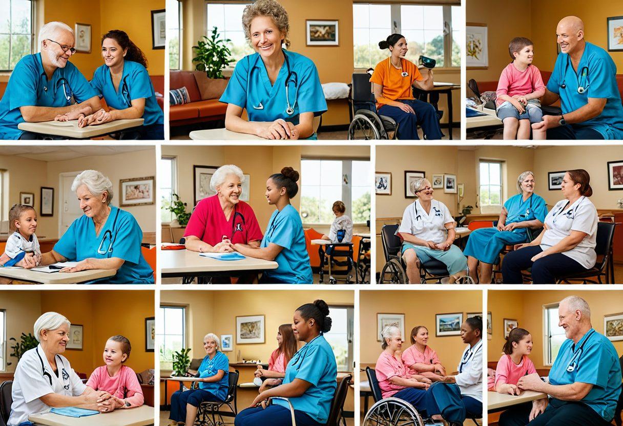 A diverse collage showcasing patients across different life stages receiving care at FOX Rehab Center: a pediatrician examining a cheerful child, a young adult in physical therapy, a middle-aged person in a wellness session, and a tender moment between a caregiver and an elderly patient. Include elements like medical equipment, warm lighting, and an inviting clinic atmosphere. super-realistic. vibrant colors.
