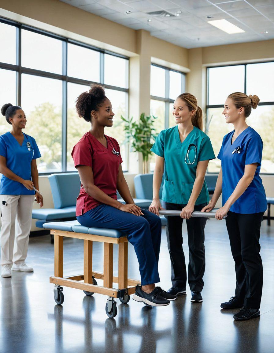 A diverse group of healthcare professionals, including physical therapists and neurorehabilitation specialists, working in a modern medical facility. Illustrated patients of various ages and backgrounds engaged in therapy sessions, such as walking with aids, neurological exercises, and hands-on treatments. The environment should be warm and welcoming, filled with natural light and motivational posters. super-realistic. vibrant colors.